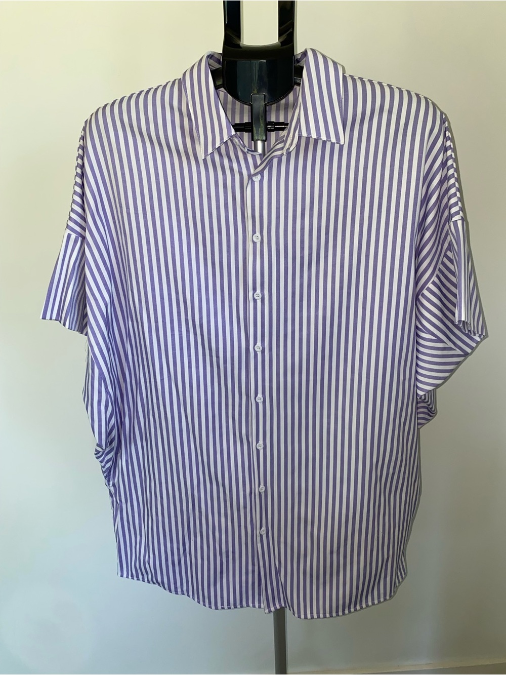 KORI Lavender & White Striped Oversized Button Front Blouse S/M Batwing Sleeve